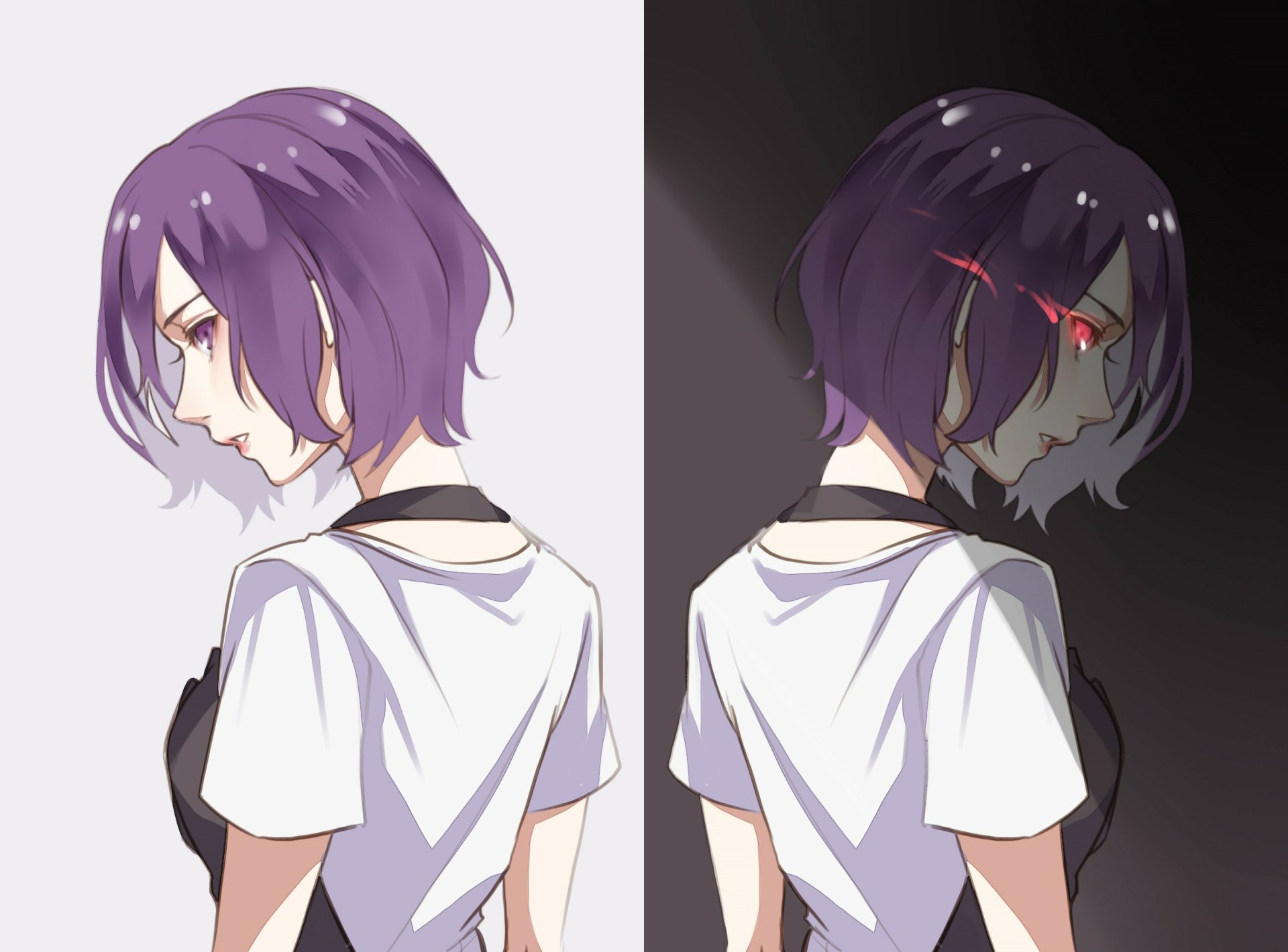 HD desktop wallpaper featuring Touka Kirishima from the anime Tokyo Ghoul. The image is split, showing Touka with purple hair on a white background and her ghoul form with red eyes on a dark background.