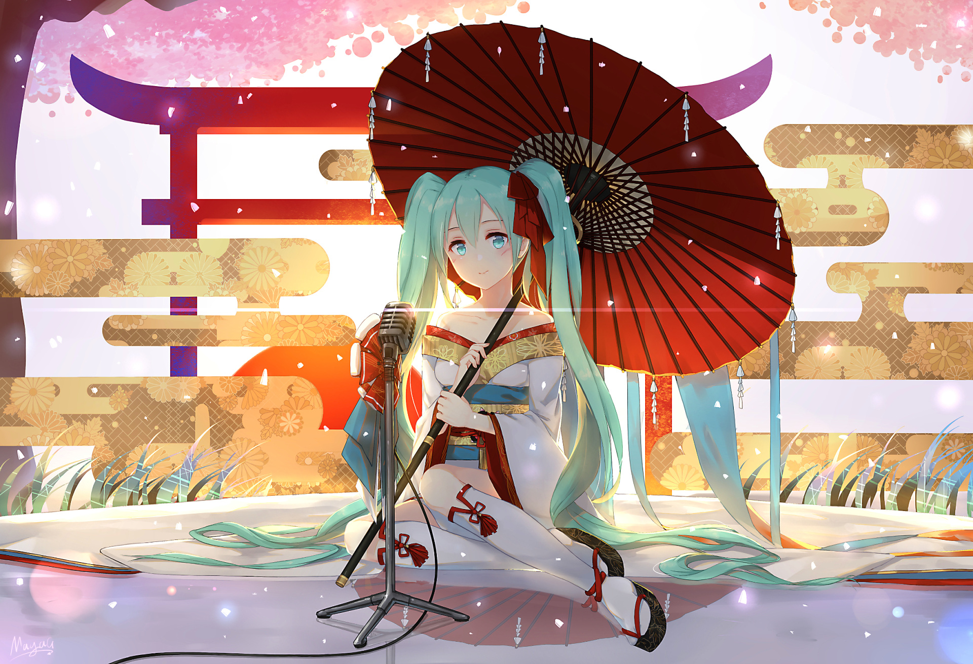 HD desktop wallpaper featuring Hatsune Miku from Vocaloid in an anime style, holding a traditional Japanese umbrella with a serene backdrop.