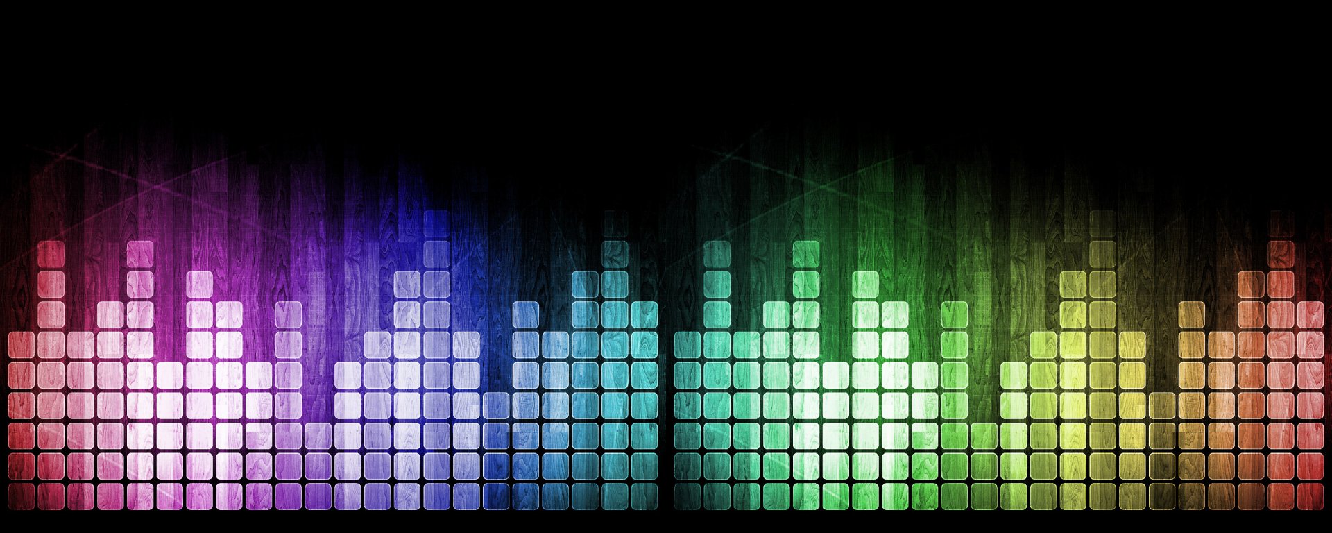 HD PC desktop wallpaper featuring an artistic music equalizer display with vibrant gradient colors transitioning from purple to green on a dark background.