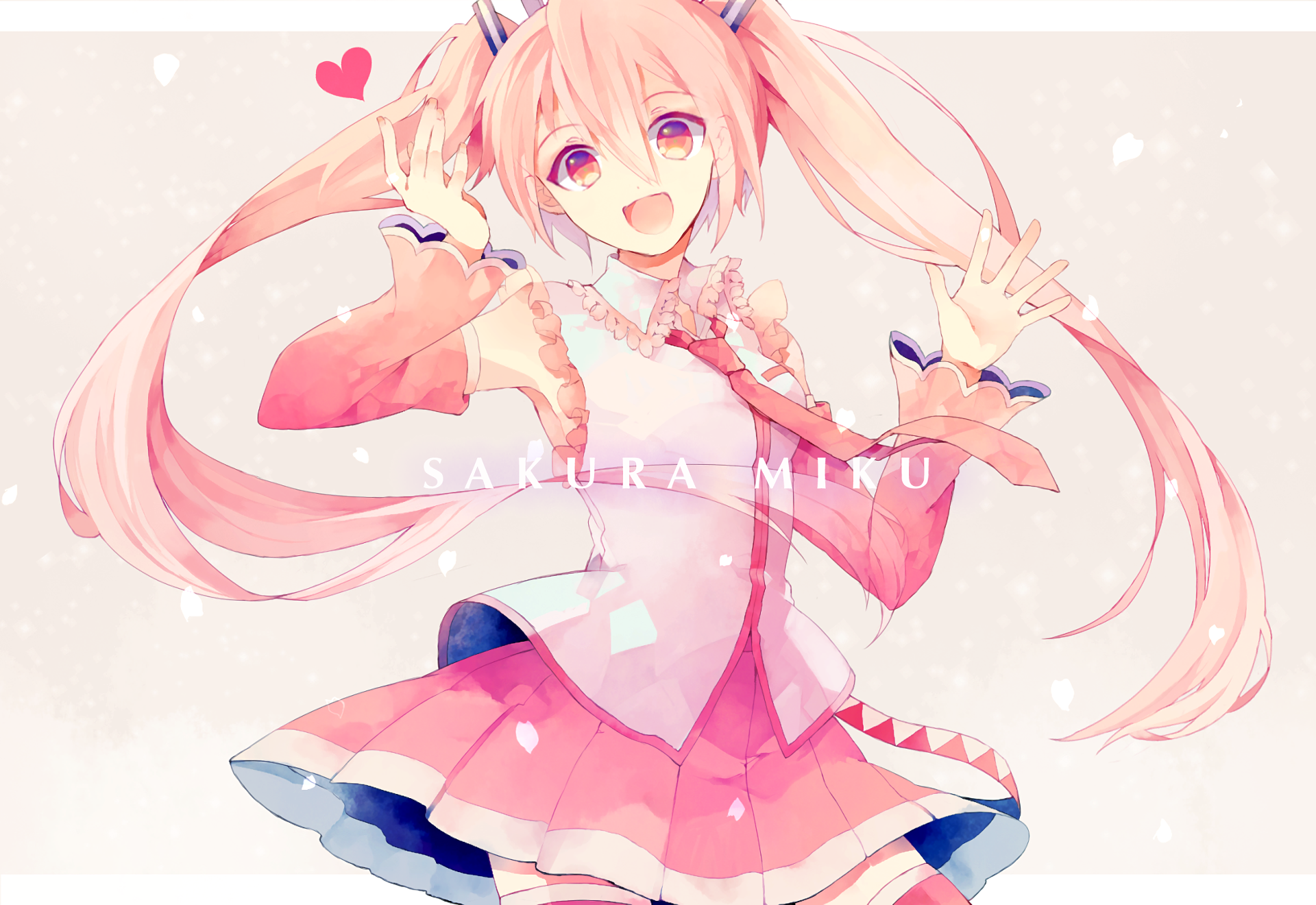 HD desktop wallpaper featuring Sakura Miku from the Vocaloid series, depicted in anime style with pink hair, a cheerful expression, and a cute outfit against a soft, light background.