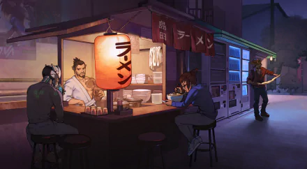 HD desktop wallpaper featuring Mei, McCree, Hanzo, and Genji from Overwatch enjoying a quiet nighttime scene at a ramen stand.
