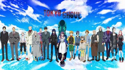 HD anime desktop wallpaper featuring the Tokyo Ghoul cast standing together under a vibrant blue sky with clouds.