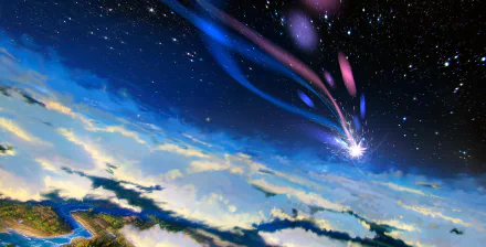 HD desktop wallpaper of an anime landscape from Howl's Moving Castle, featuring a vibrant shooting star streaking across a starry night sky above majestic clouds.