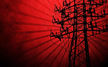 HD PC desktop wallpaper featuring a striking red background with radiating lines and the silhouette of an electrical power tower in the foreground.