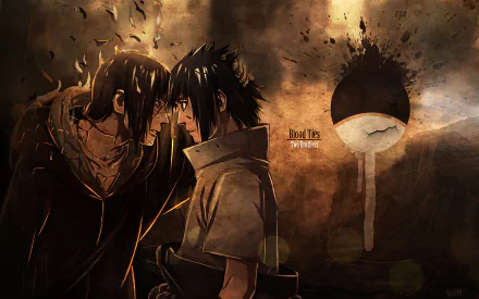 HD desktop wallpaper featuring Itachi Uchiha and Sasuke Uchiha from the anime Naruto, portraying an intense scene with a dramatic background.