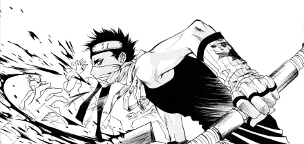 HD desktop wallpaper featuring Zabuza Momochi from the anime Naruto, depicted in an intense, action-packed scene with dynamic black and white artwork.
