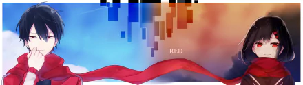 HD PC desktop wallpaper featuring an abstract blend of blue and red hues with pixelated blocks and a flowing red ribbon, inspired by the anime Kagerou Project.
