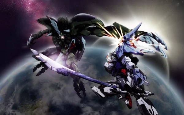 A dramatic HD desktop wallpaper featuring Mobile Suit Gundam Seed, showcasing a fierce battle between two Gundams against a cosmic backdrop.