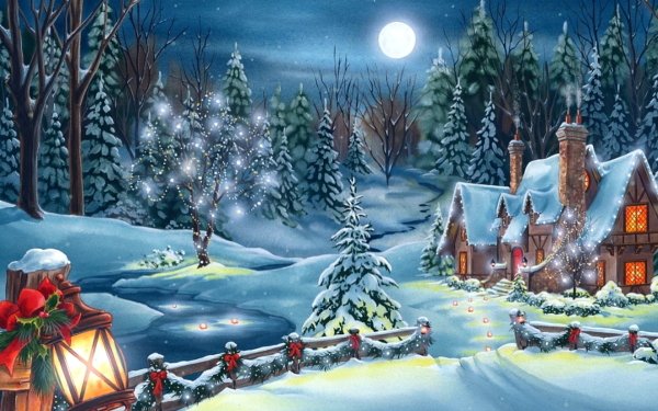 Artistic Painting Winter Snow Street House Christmas Christmas Ornaments HD Wallpaper | Background Image