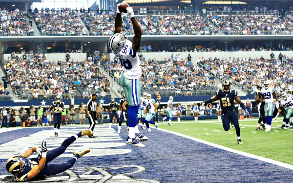 Dez Bryant makes an incredible touchdown catch in a dynamic NFL game, showcasing his athleticism on a vibrant HD background filled with excited fans and players.
