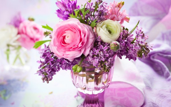Man Made Flower Lilac Ranuncula Still Life Colors Pink Flower Purple Flower Vase HD Wallpaper | Background Image