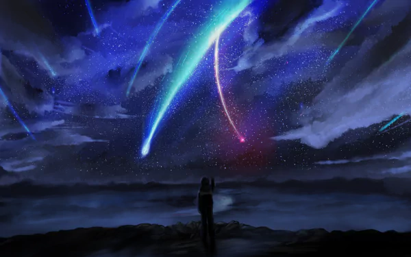 A HD desktop wallpaper featuring Mitsuha Miyamizu from the anime Your Name. gazing at a mesmerizing sky lit up by colorful comets against a backdrop of stars and clouds.