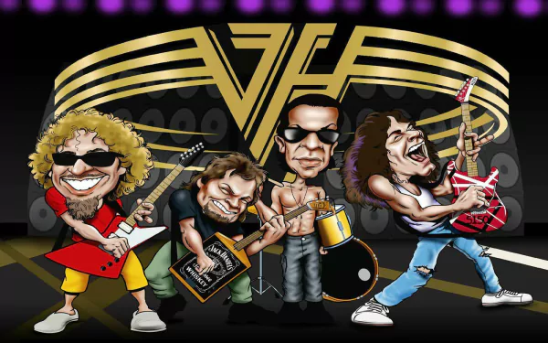 HD PC desktop wallpaper/background: cartoon hard rock quartet playing heavy metal music onstage with guitars, drums and a bold gold band emblem.