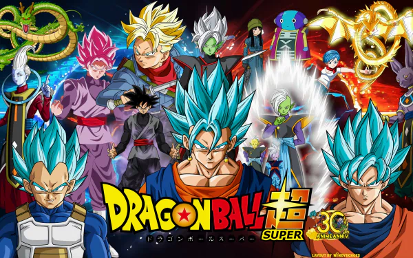 HD desktop wallpaper featuring characters from Dragon Ball Super. Central figures include Goku and Vegeta in Super Saiyan Blue form, surrounded by various other characters from the series.