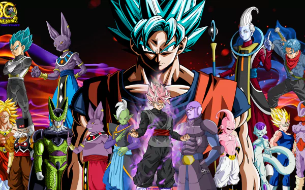 HD desktop wallpaper featuring characters from Dragon Ball Super. The central figure has blue hair, surrounded by various other characters in dynamic poses, showcasing a vibrant and intense anime aesthetic.