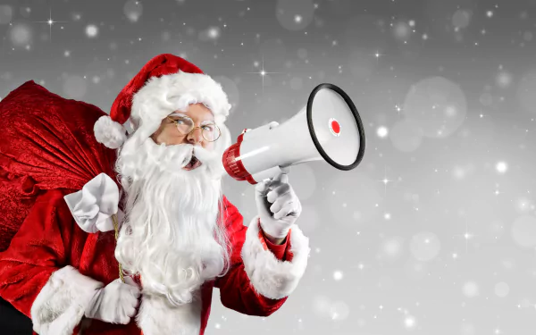 4K Ultra HD Christmas wallpaper featuring Santa Claus in a red suit and hat, holding a megaphone with a festive snowy holiday background.
