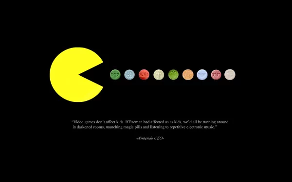 A vibrant HD desktop wallpaper featuring a large yellow Pac-Man graphic and colorful dots, accompanied by a quote about the impact of video games on children.