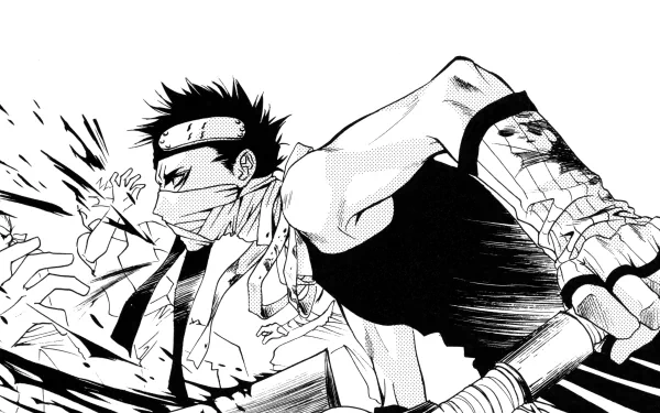 HD desktop wallpaper featuring Zabuza Momochi from the anime Naruto, depicted in an intense, action-packed scene with dynamic black and white artwork.