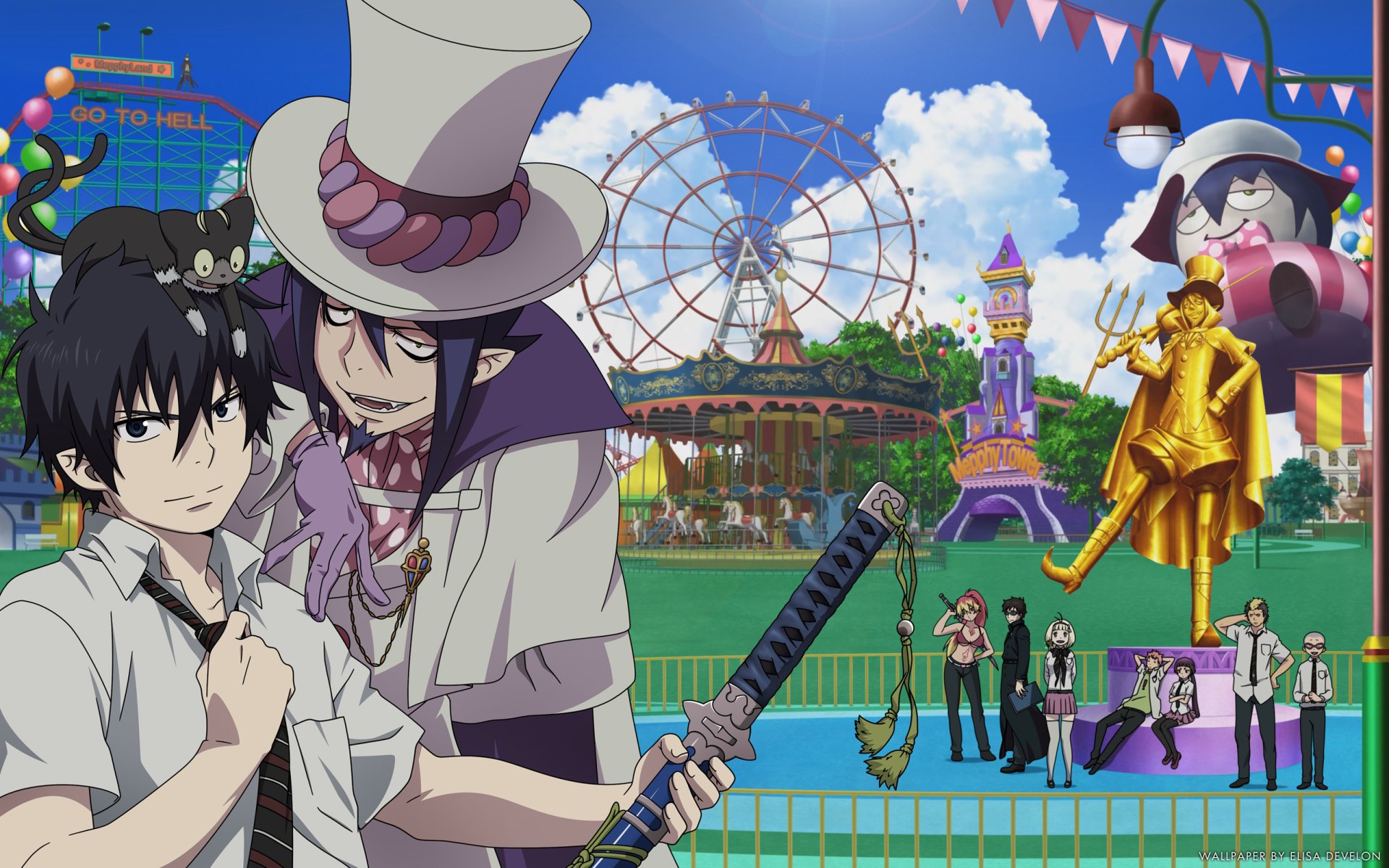 HD wallpaper featuring characters from Ao No Exorcist (Blue Exorcist), including Konekomaru Miwa, Ryuji Suguro, Izumo Kamiki, Renzo Shima, Shiemi Moriyama, Yukio Okumura, Shura Kirigakure, Mephisto Pheles, and Rin Okumura.