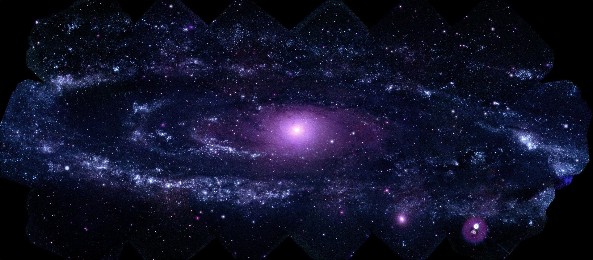 HD desktop wallpaper of a stunning galaxy in space with a bright purple center among stars, capturing a Sci-Fi ambiance.