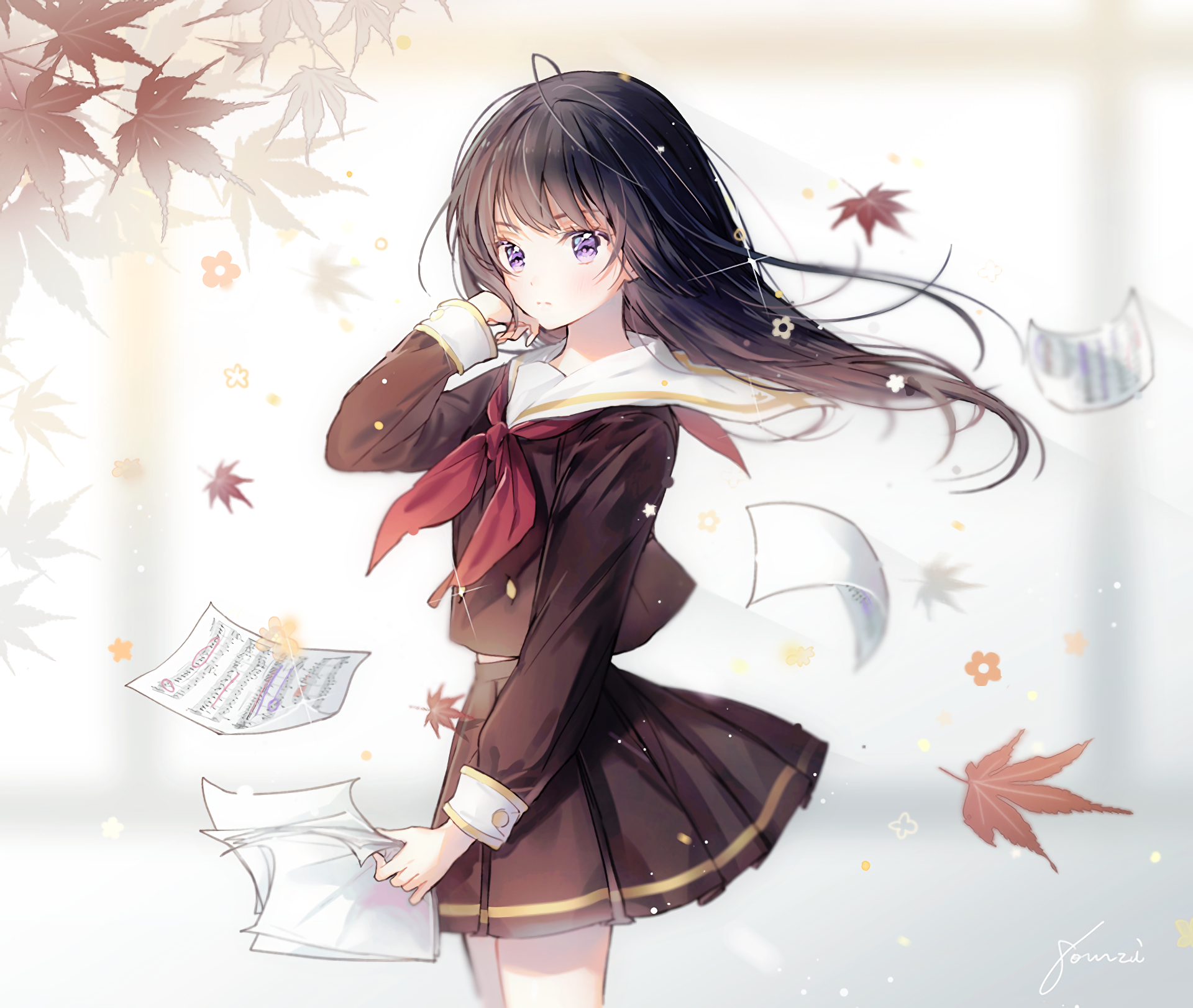 HD PC desktop wallpaper: anime Sound! Euphonium schoolgirl in brown uniform, sheet music and maple leaves swirling around her in a soft, light-filled background.