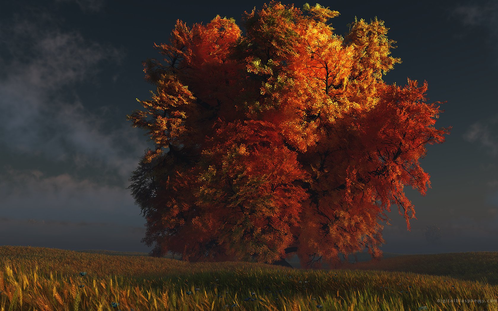 HD desktop wallpaper featuring a stunning landscape with a vibrant autumn tree in a field, set against a darkening sky.