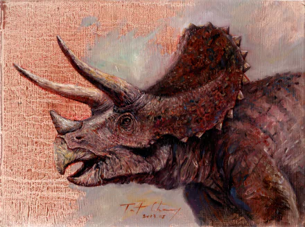 HD PC desktop wallpaper featuring a detailed, textured illustration of a triceratops dinosaur in earthy tones.
