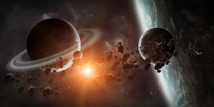Sci-Fi HD desktop wallpaper of Jupiter, an asteroid field, and planets illuminated by a bright light.
