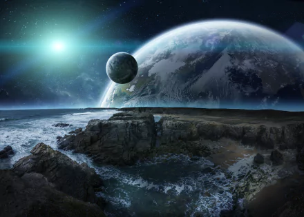 Sci-Fi landscape of a planet rise over a rocky coastline. The image serves as a stunning HD desktop wallpaper and background.