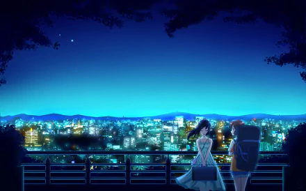 Anime HD PC desktop wallpaper/background — Sound! Euphonium: two schoolgirls on a nighttime overlook, neon-lit city skyline behind them, one holding a band instrument case.