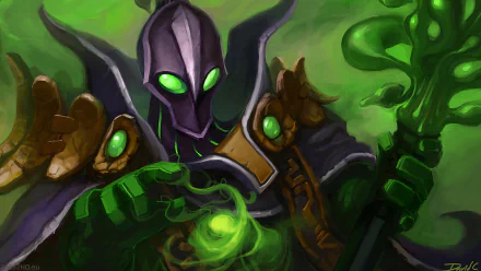 HD PC desktop wallpaper featuring Rubick, a character from the video game DotA 2, surrounded by green magical energy.