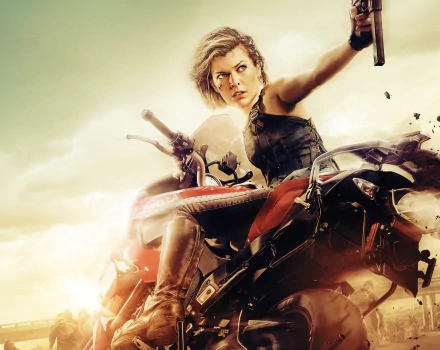 Milla Jovovich as Alice from Resident Evil: The Final Chapter rides a motorcycle with a fierce expression, set against a dramatic sky. HD desktop wallpaper and background.