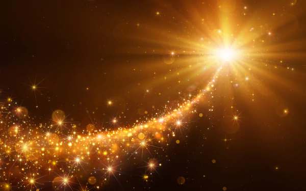 HD desktop wallpaper featuring an abstract design with vibrant golden colors, showcasing a radiant light and dazzling stars.