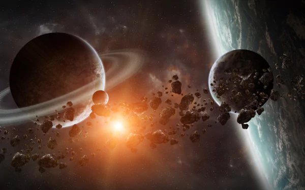 Sci-Fi HD desktop wallpaper of Jupiter, an asteroid field, and planets illuminated by a bright light.