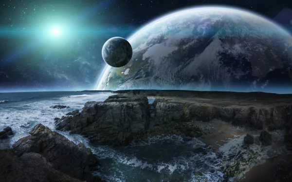 Sci-Fi landscape of a planet rise over a rocky coastline. The image serves as a stunning HD desktop wallpaper and background.