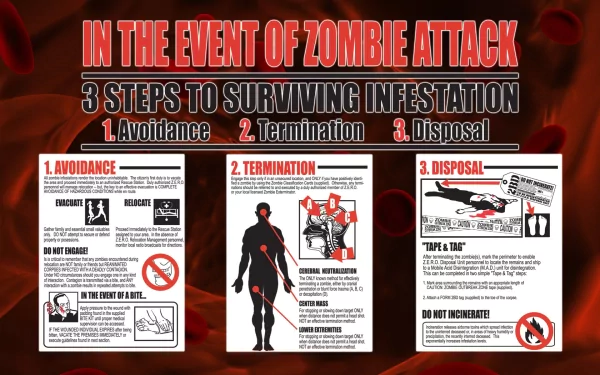 A dark-themed HD wallpaper featuring survival tips in the event of a zombie attack, focusing on avoidance, termination, and disposal, inspired by Fallout 3.