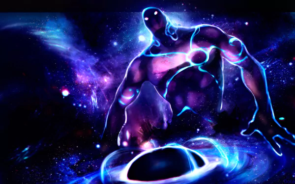 HD PC desktop wallpaper featuring Enigma from DotA 2, set against a vibrant cosmic space background with glowing nebulae and dark starry elements.