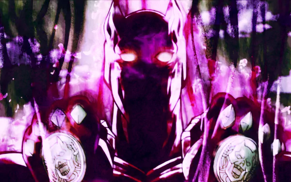 HD PC wallpaper featuring Killer Queen from the anime JoJo's Bizarre Adventure, depicted with glowing eyes and a dark, vivid purple aura.
