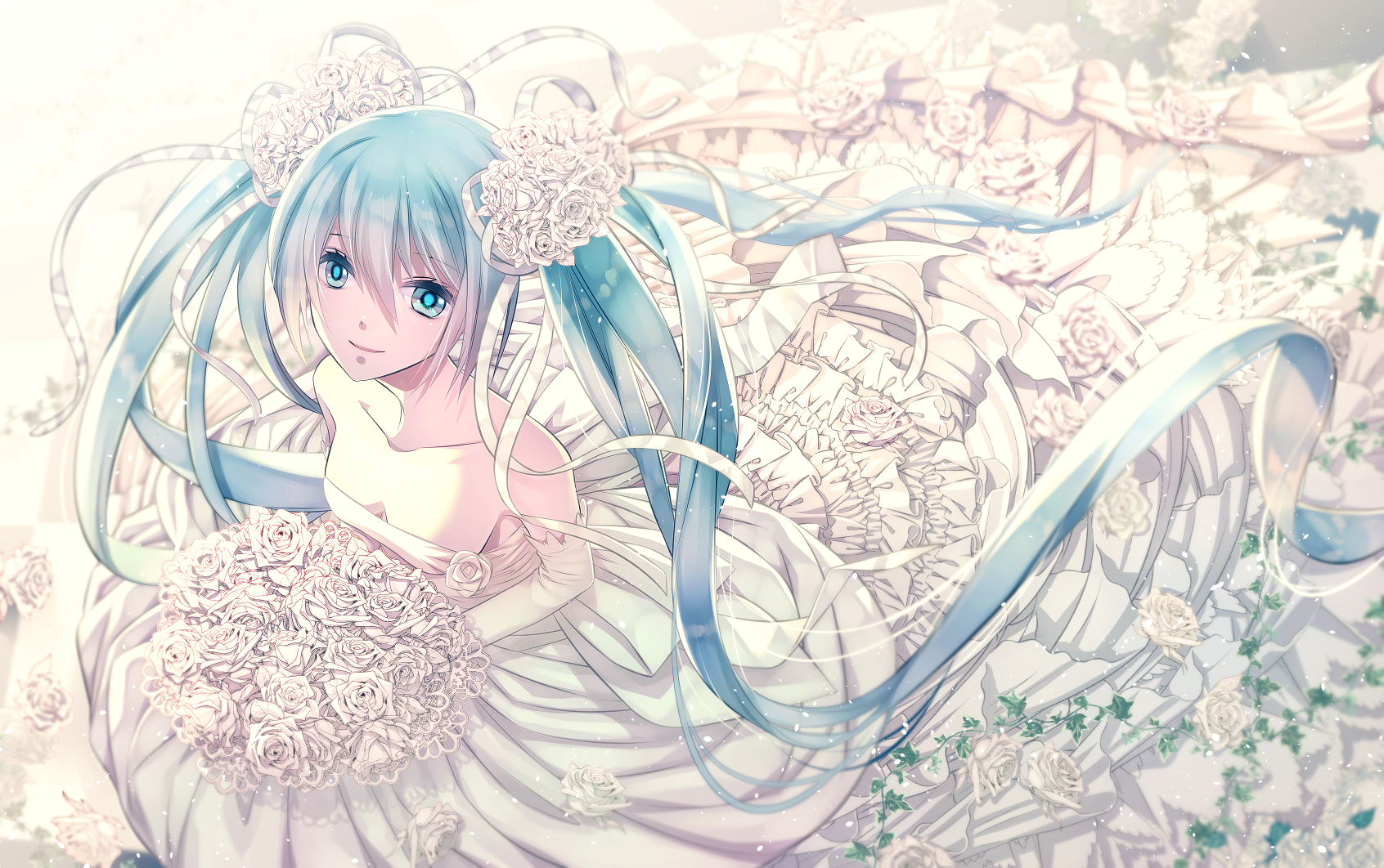 Download Bride Flower Smile Ribbon Dress Aqua Eyes Aqua Hair Twintails Long Hair Hatsune Miku