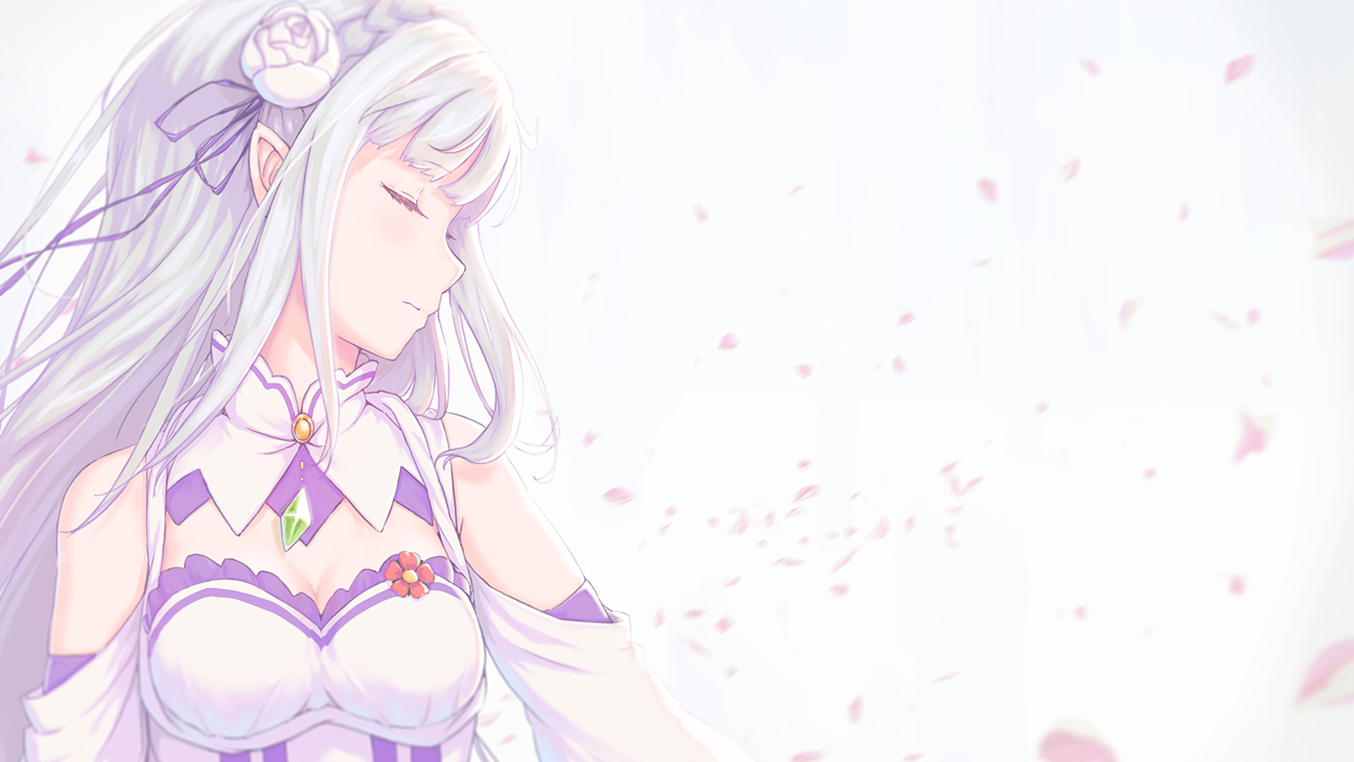 HD desktop wallpaper featuring Emilia from Re:Zero - Starting Life in Another World, with her eyes closed amidst falling cherry blossoms.