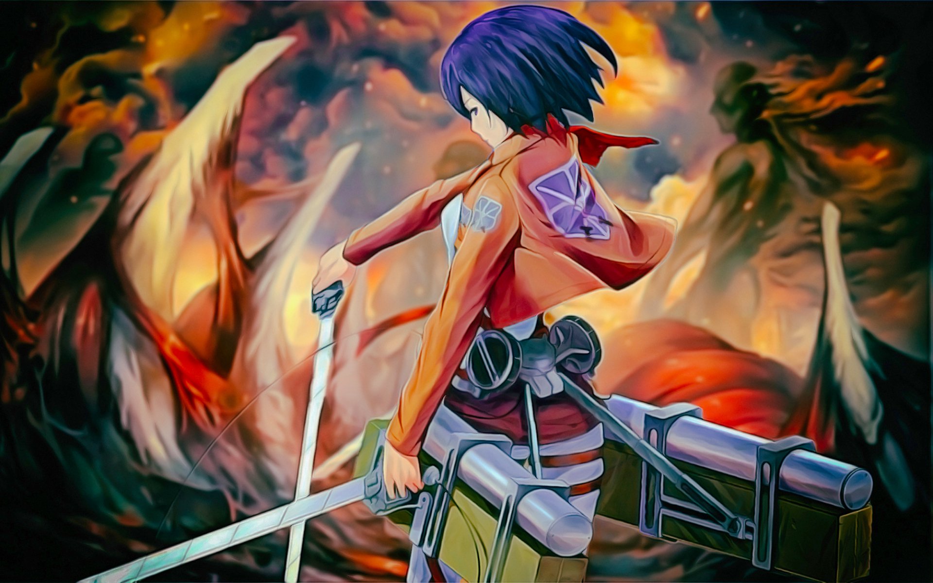 HD PC desktop wallpaper featuring Mikasa Ackerman from the anime Attack on Titan, depicted in dynamic battle gear against a fiery, chaotic background.