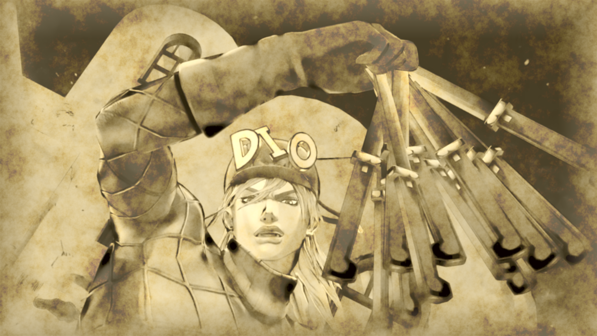 HD PC desktop wallpaper of Diego Brando (anime, JoJo's Bizarre Adventure) in sepia tones, raising a cluster of blades above his head with an intense expression.