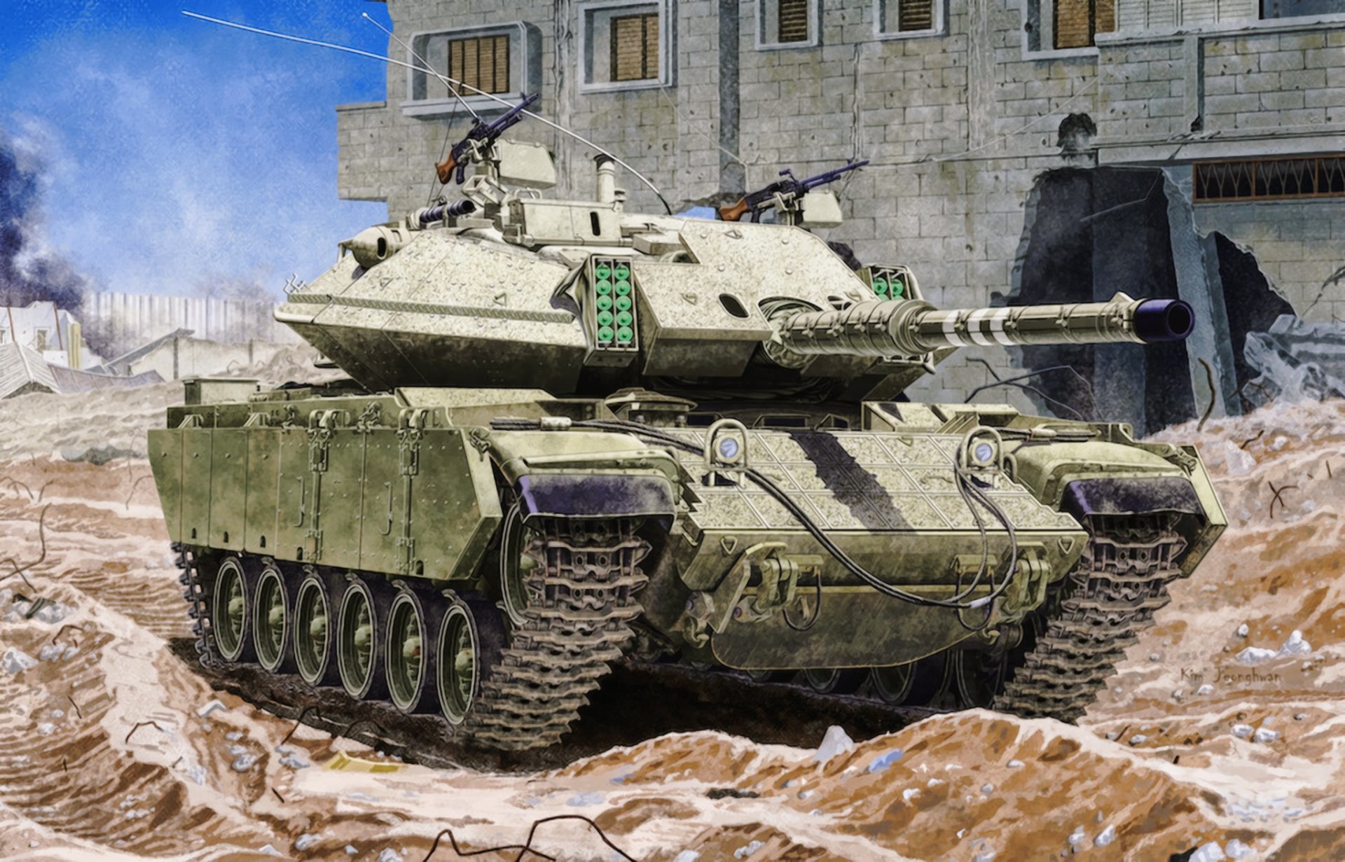 HD PC wallpaper showing a detailed military Magach tank in a dusty urban combat setting with worn buildings and clear blue sky.