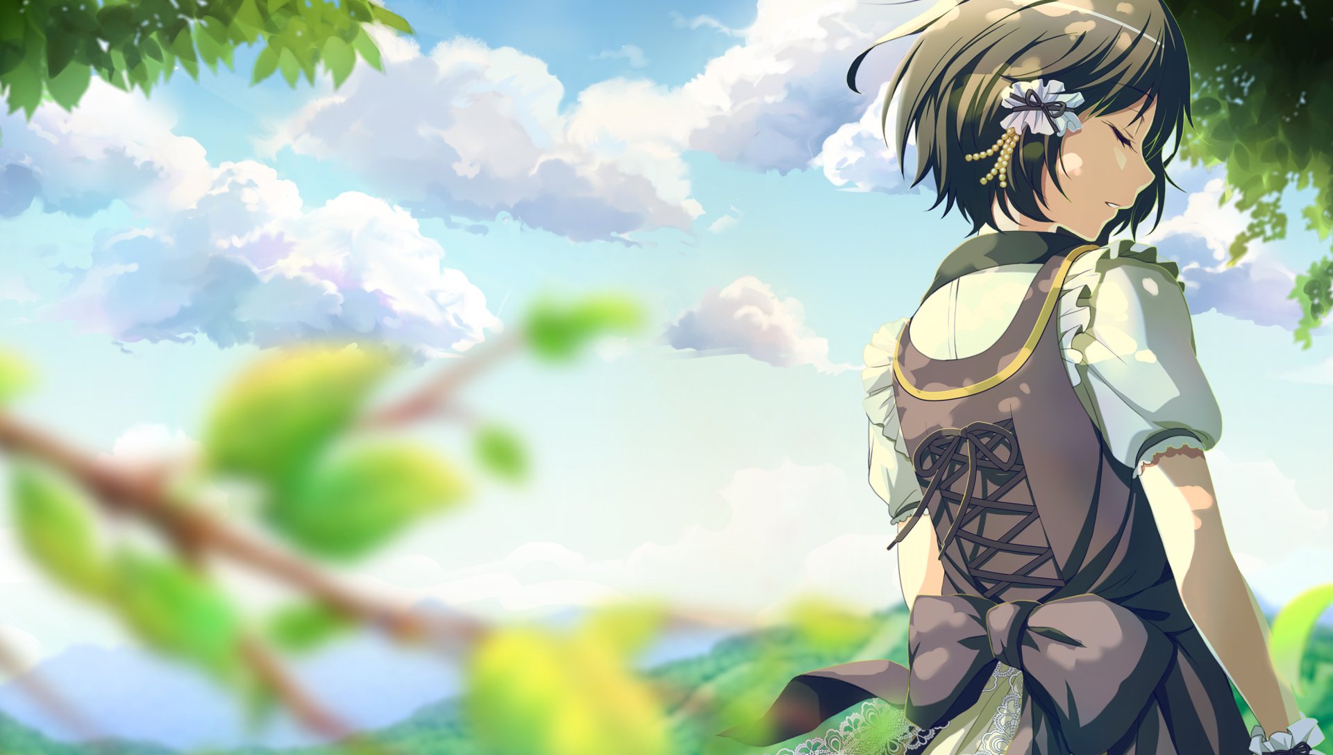 Anime-style HD desktop wallpaper featuring a short-haired character with black hair and a bow, set against a bright sky filled with clouds.
