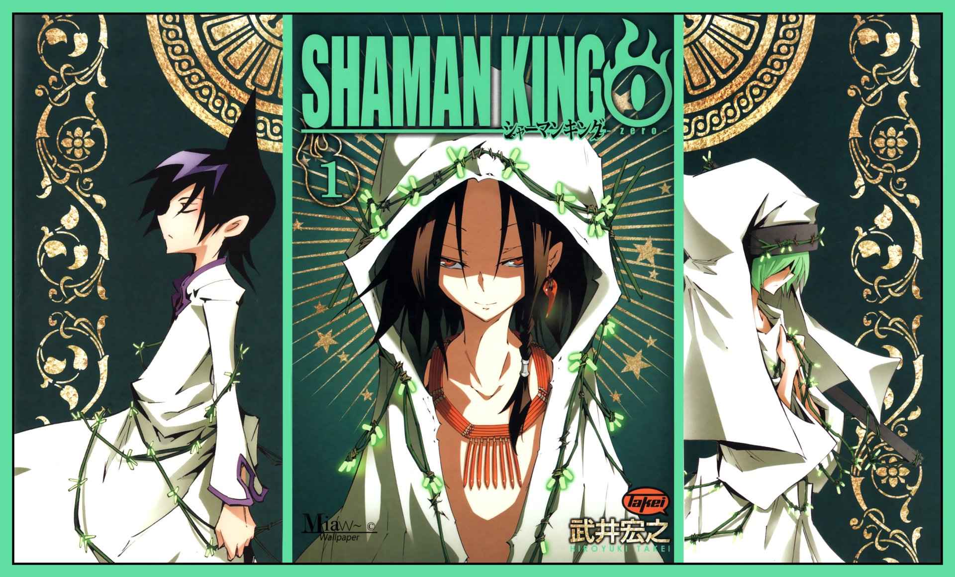 Anime HD PC desktop wallpaper featuring characters from Shaman King with bold green and black tones and detailed symbolic backgrounds.