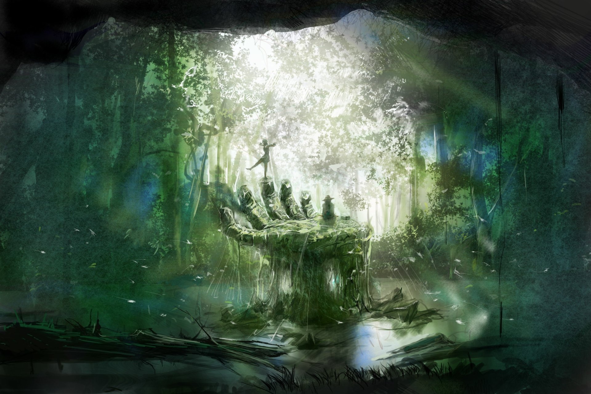 HD anime desktop wallpaper depicting a fantastical forest scene with a glowing figure standing on a giant hand made of rock and moss. The backdrop is lush with greenery and ethereal light.