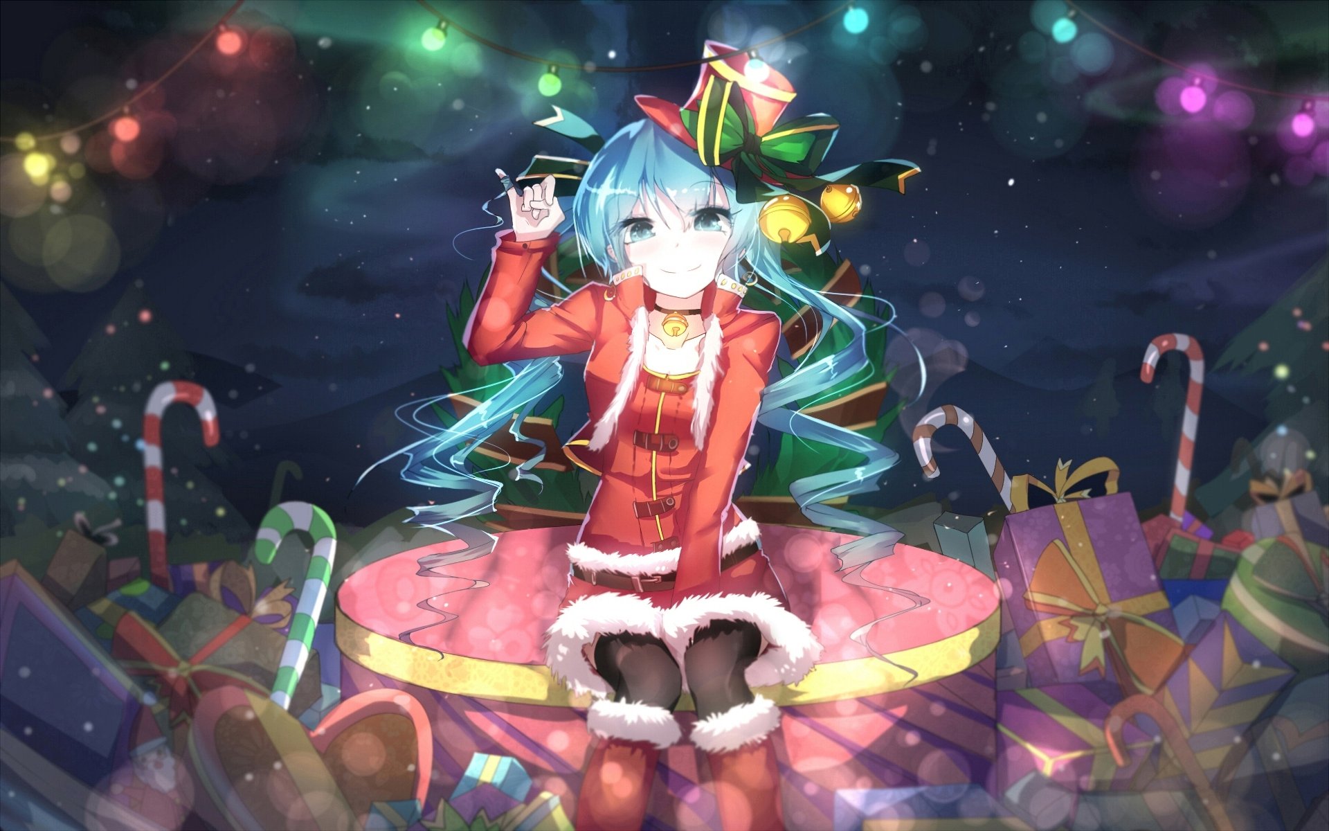 Download Christmas Hatsune Miku Hat Blue Eyes Blue Hair Long Hair T Candy Cane Holiday Anime