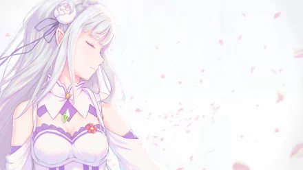 HD desktop wallpaper featuring Emilia from Re:Zero - Starting Life in Another World, with her eyes closed amidst falling cherry blossoms.