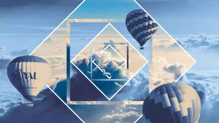 HD PC desktop wallpaper featuring a blue sky with clouds and artistic polyscape design of hot air balloons in flight.