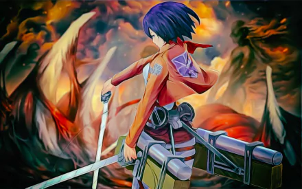 HD PC desktop wallpaper featuring Mikasa Ackerman from the anime Attack on Titan, depicted in dynamic battle gear against a fiery, chaotic background.